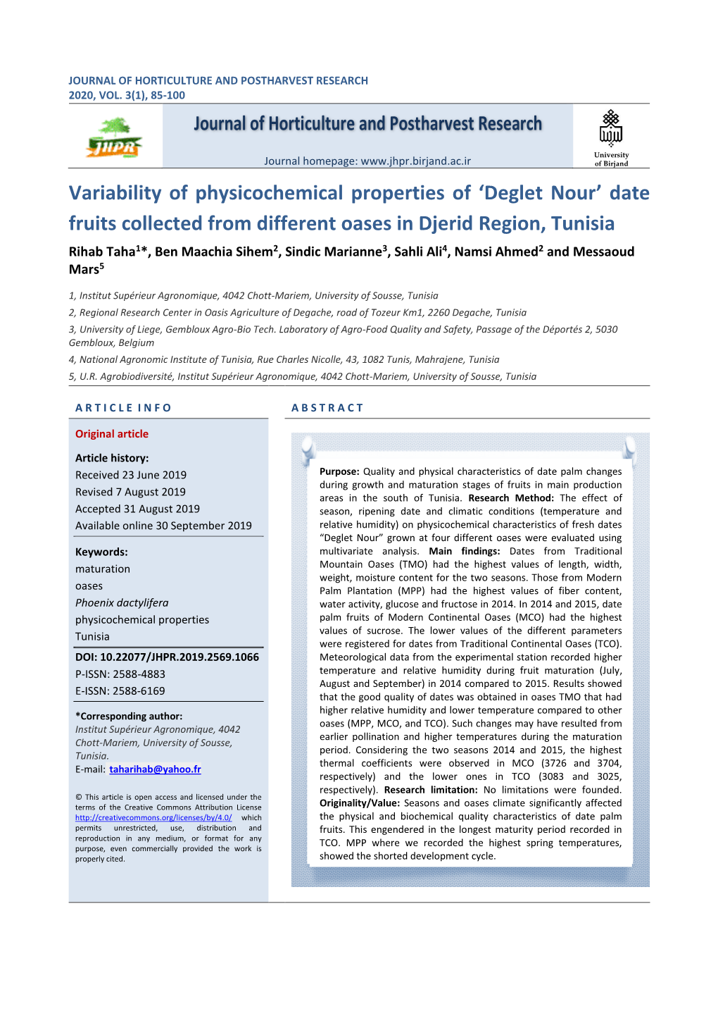 Variability of Physicochemical Properties of 'Deglet Nour' Date Fruits Collected from Different Oases in Djerid Region, Tuni