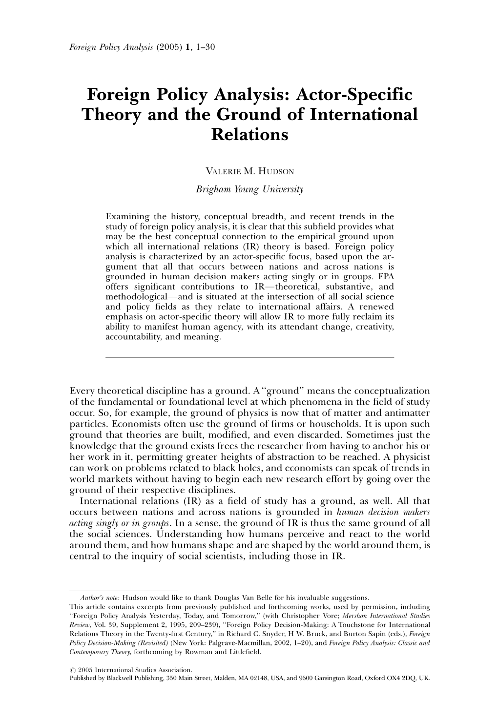 Foreign Policy Analysis: Actor-Specific Theory and the Ground of International Relations