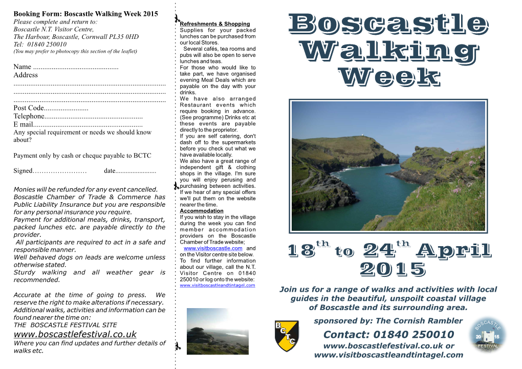 Boscastle Walking Week 2015 Please Complete and Return To: Refreshments & Shopping Boscastle Boscastle N.T