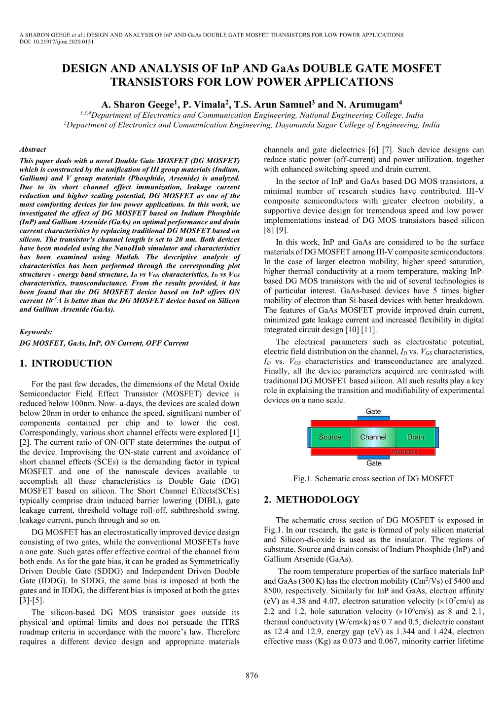 DESIGN and ANALYSIS of Inp and Gaas DOUBLE GATE MOSFET TRANSISTORS for LOW POWER APPLICATIONS DOI: 10.21917/Ijme.2020.0151