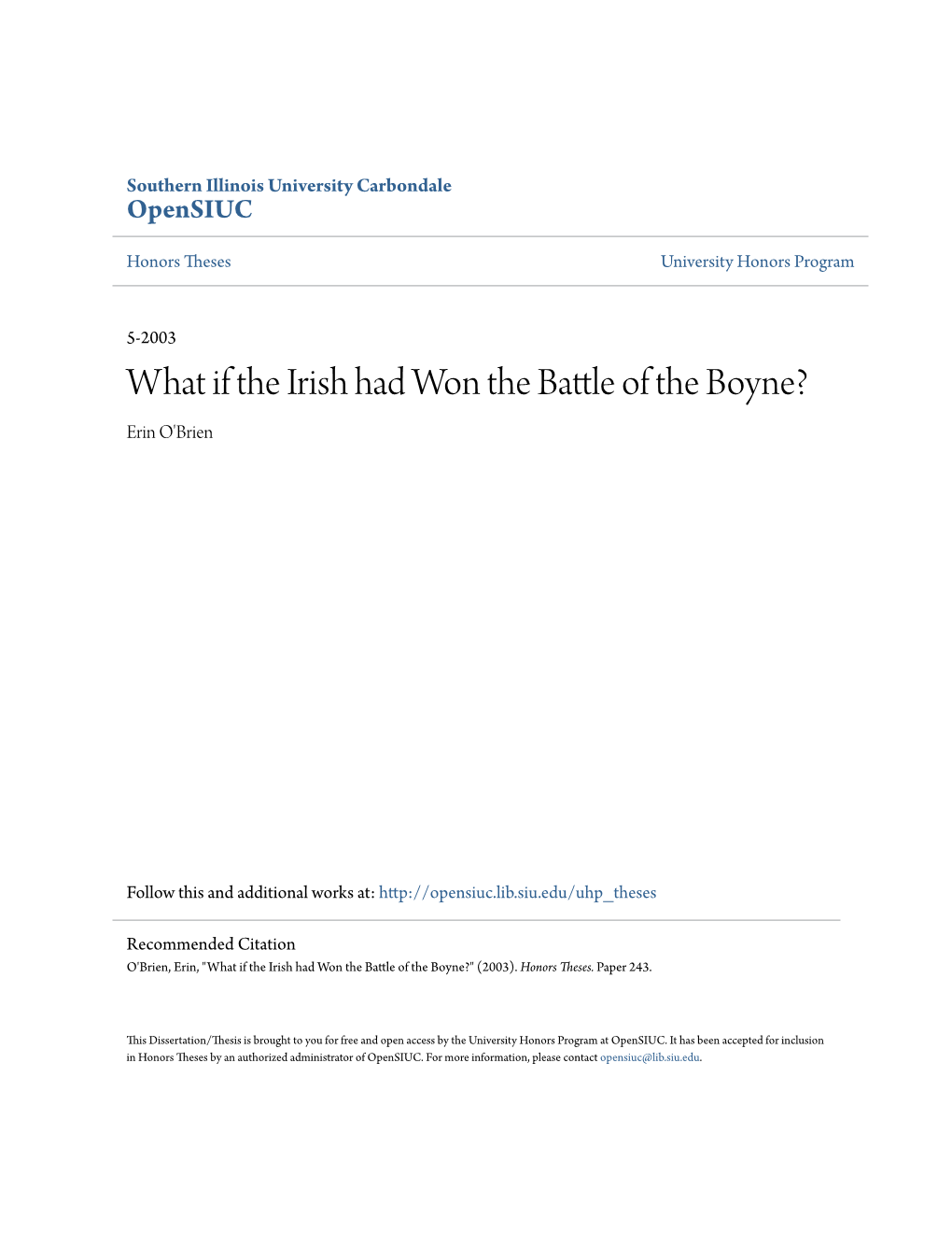 What If the Irish Had Won the Battle of the Boyne? Erin O'brien