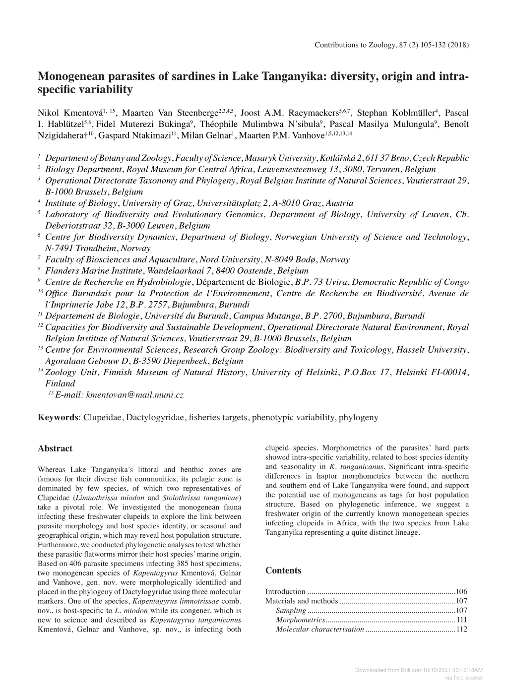 Monogenean Parasites of Sardines in Lake Tanganyika: Diversity, Origin and Intra- Specific Variability