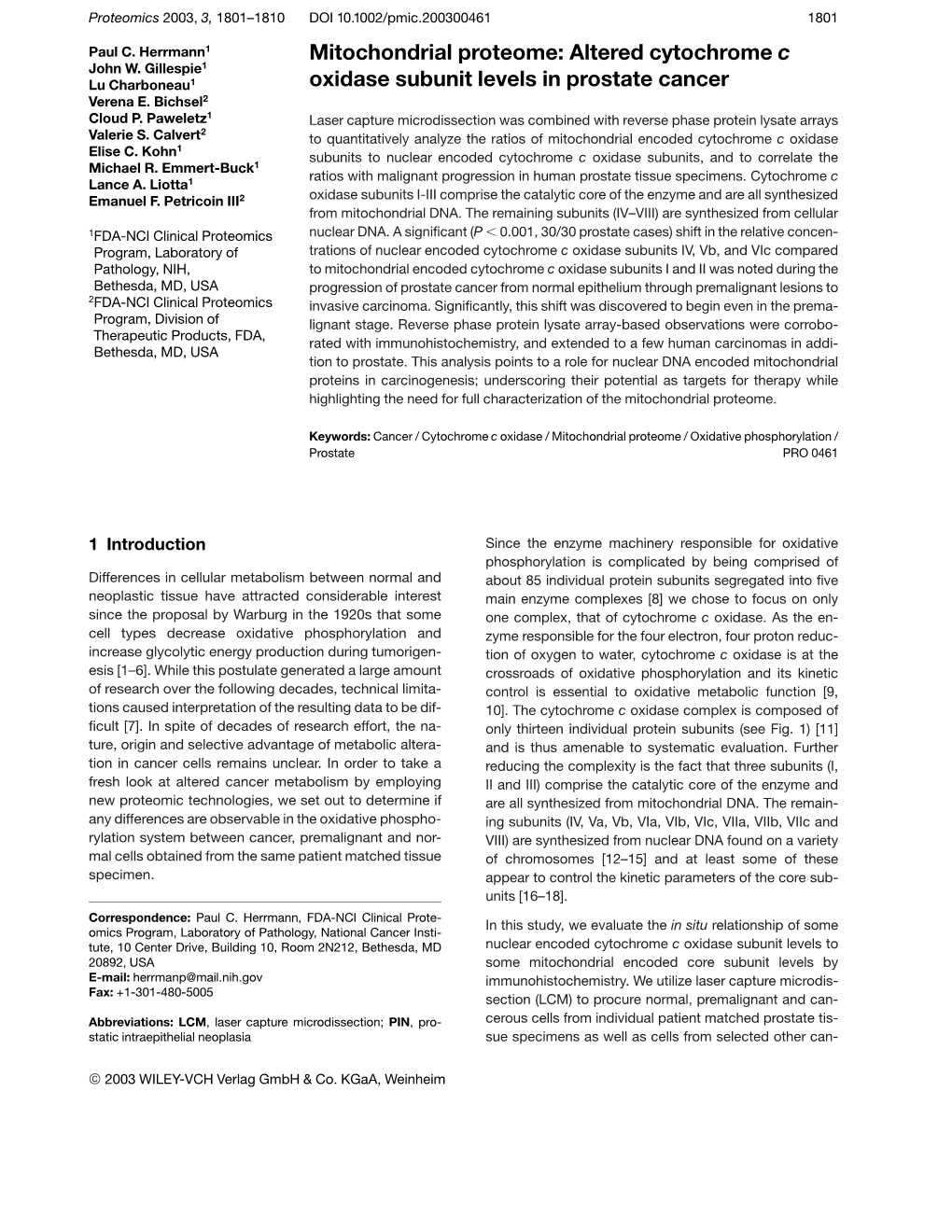 Mitochondrial Proteome: Altered Cytochrome C Oxidase Subunit