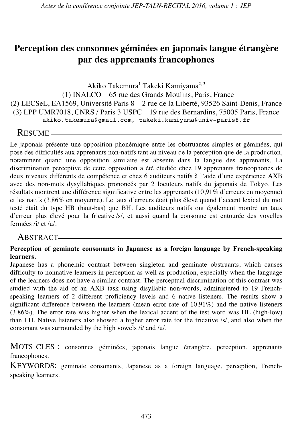 Perception Des Consonnes Géminées En Japonais Langue Étrangère Par Des Apprenants Francophones