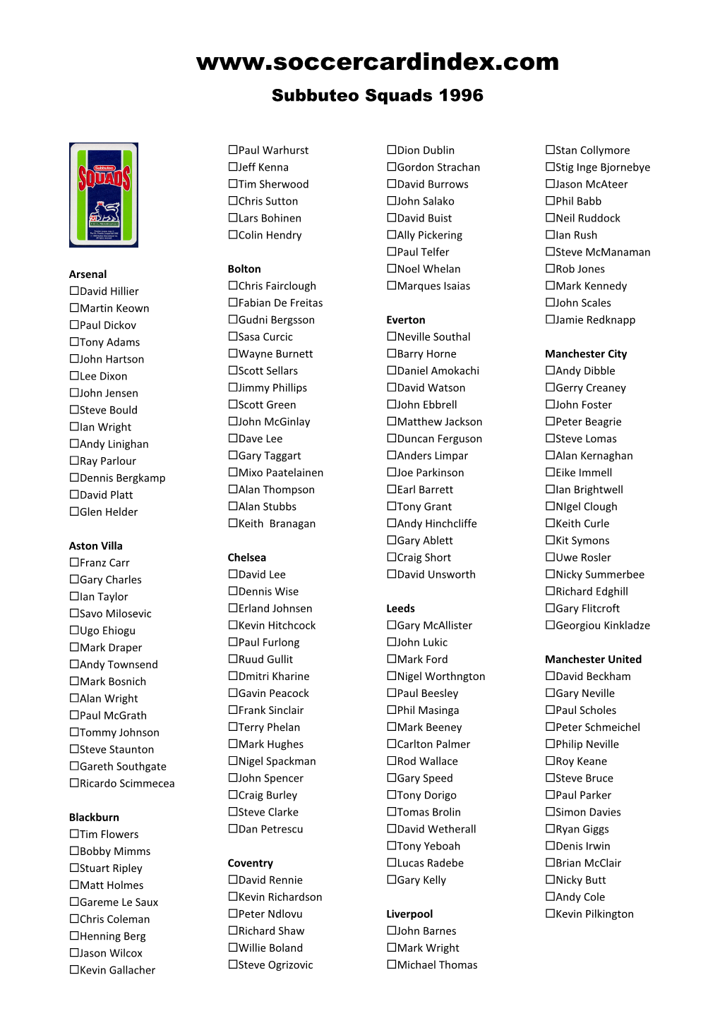 Subbuteo Squads 1996