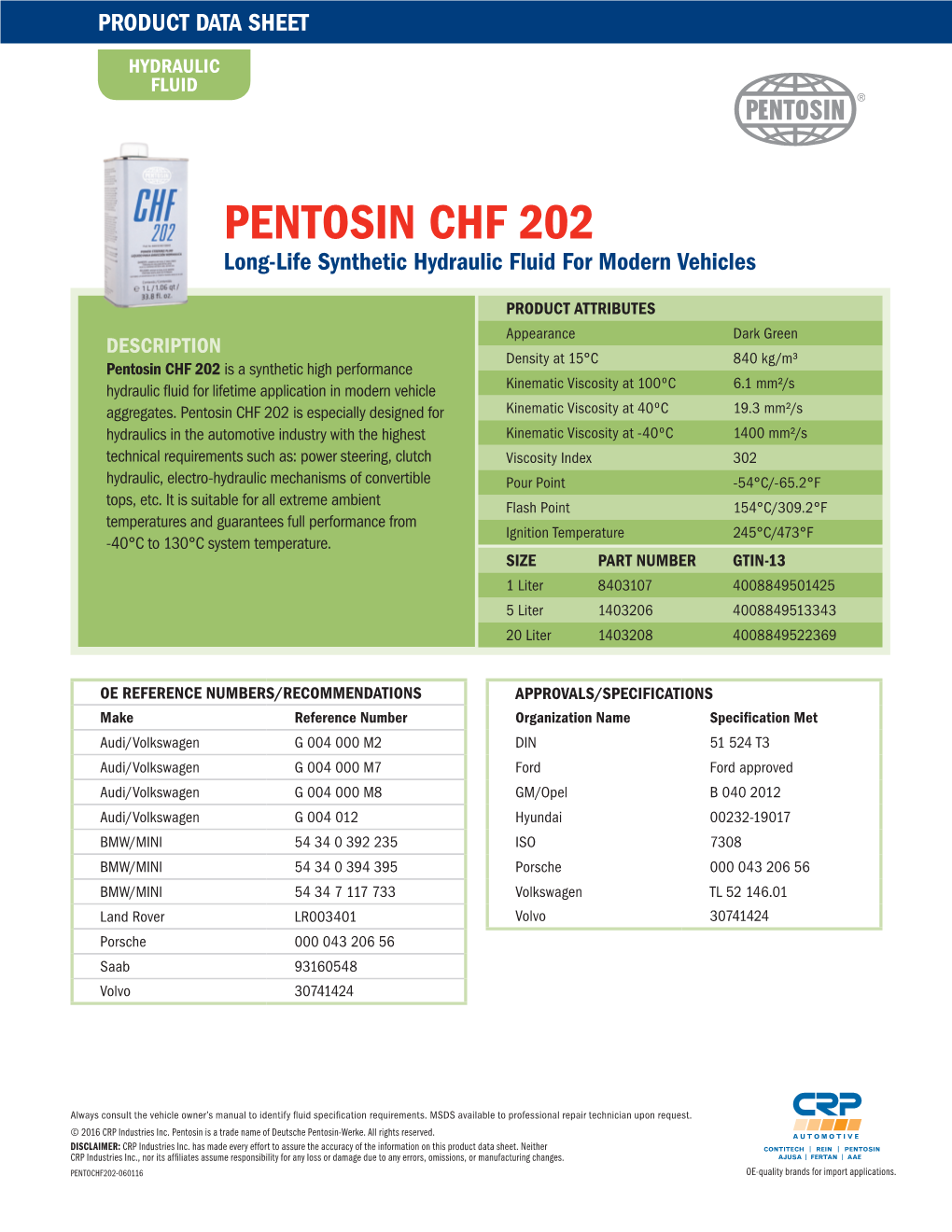 PENTOSIN CHF 202 Long-Life Synthetic Hydraulic Fluid for Modern Vehicles
