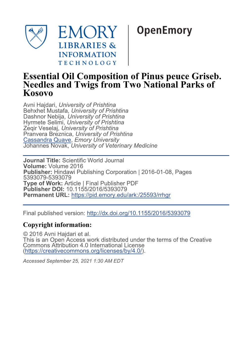 Essential Oil Composition of Pinus Peuce Griseb