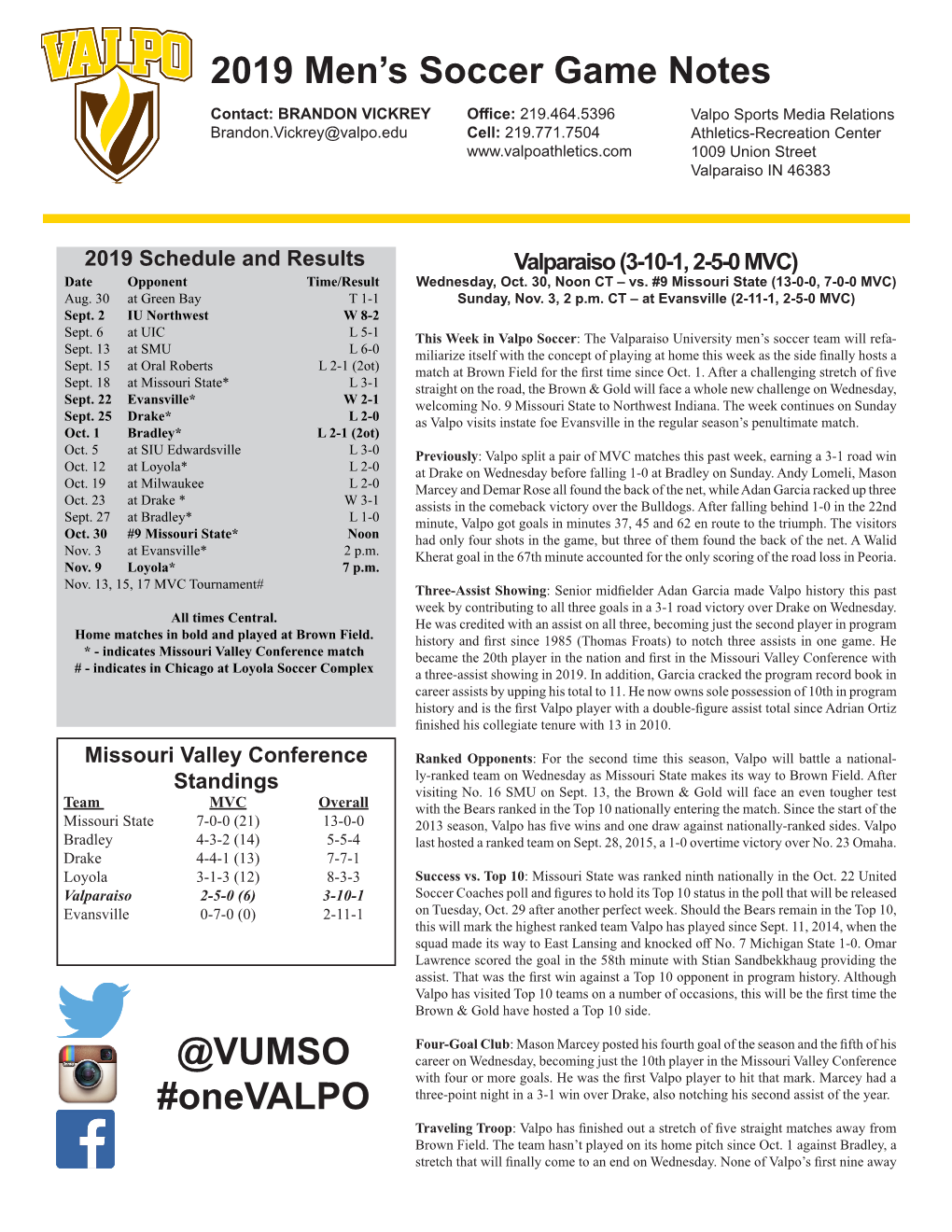 2019 Men's Soccer Game Notes @VUMSO #Onevalpo