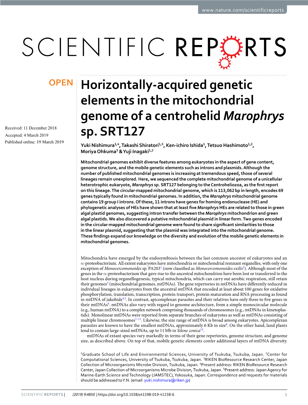 Horizontally-Acquired Genetic Elements in the Mitochondrial Genome of a Centrohelid Marophrys Received: 11 December 2018 Accepted: 4 March 2019 Sp