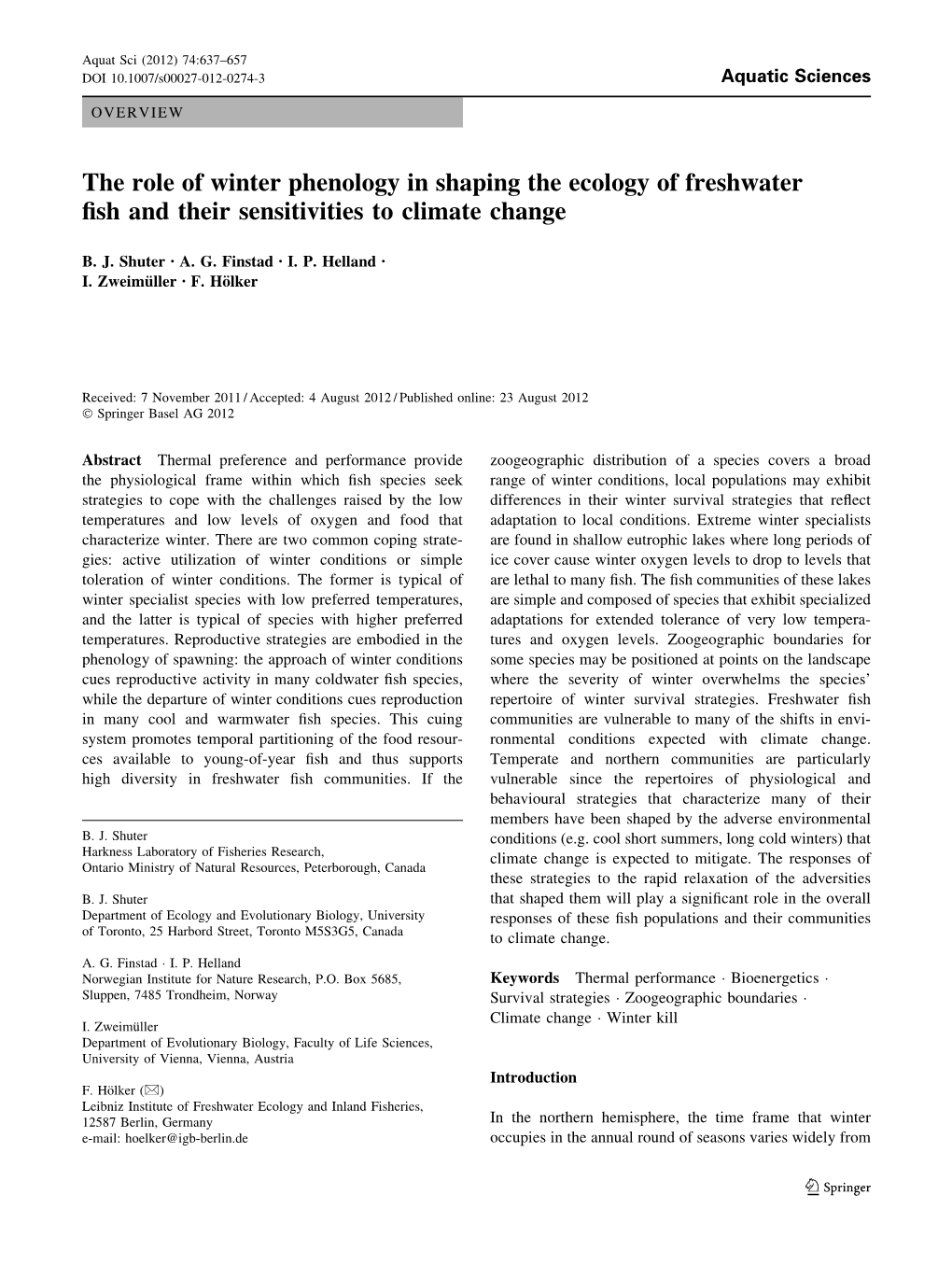 The Role of Winter Phenology in Shaping the Ecology of Freshwater ﬁsh and Their Sensitivities to Climate Change