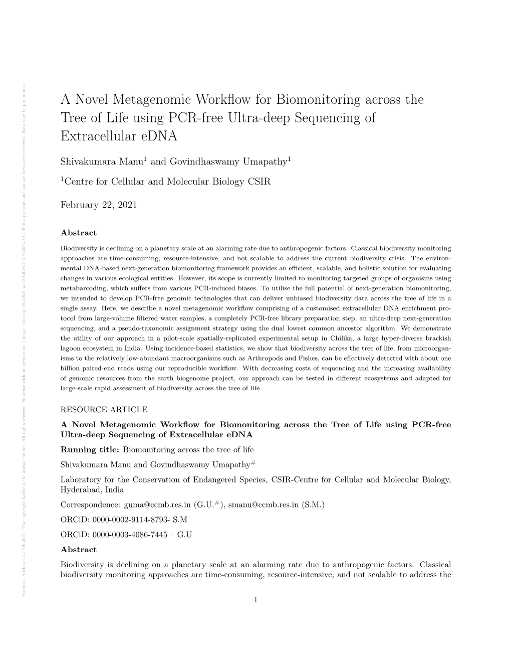 A Novel Metagenomic Workflow for Biomonitoring Across the Tree of Life Using PCR-Free Ultra-Deep Sequencing of Extracellular