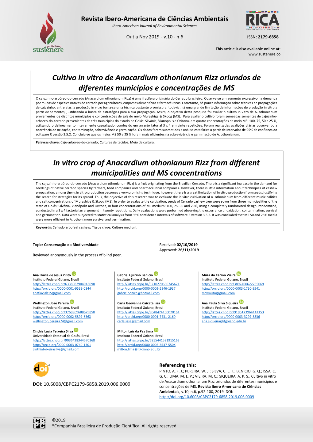 Cultivo in Vitro De Anacardium Othonianum Rizz Oriundos De Diferentes Municípios E Concentrações De MS