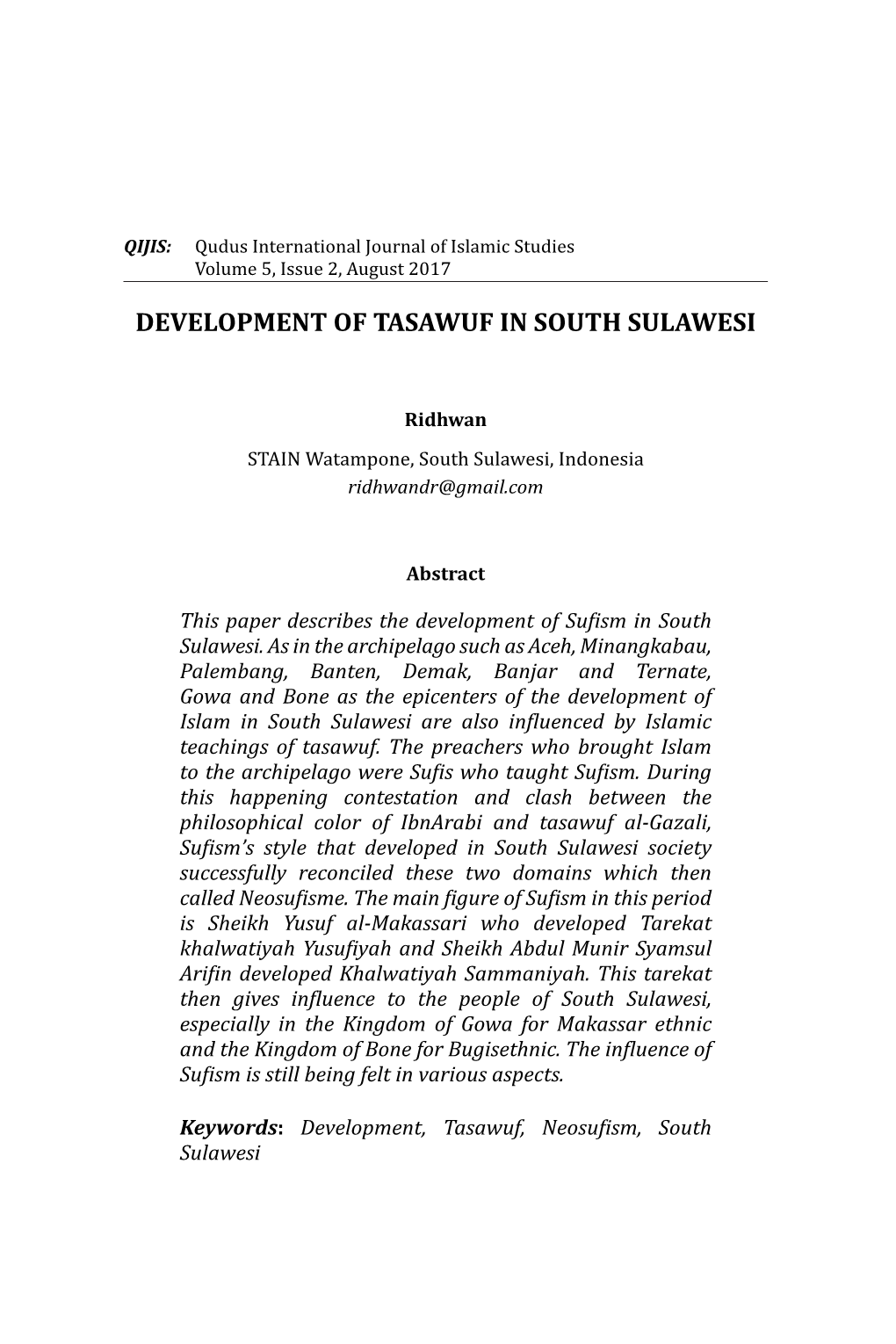 Development of Tasawuf in South Sulawesi