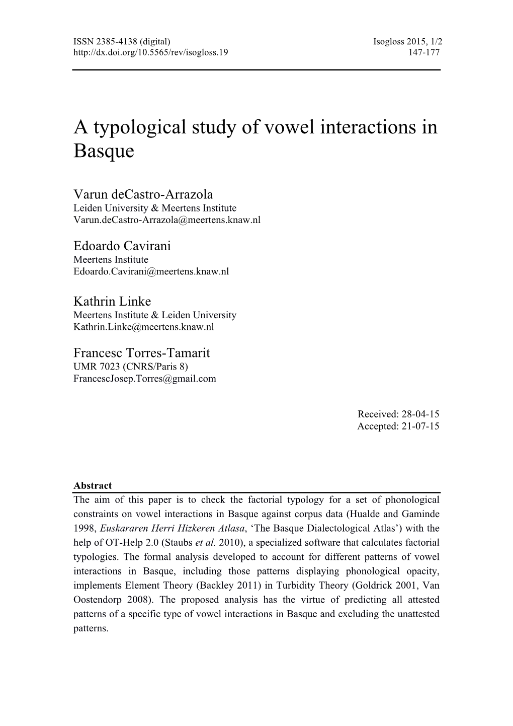 A Typological Study of Vowel Interactions in Basque
