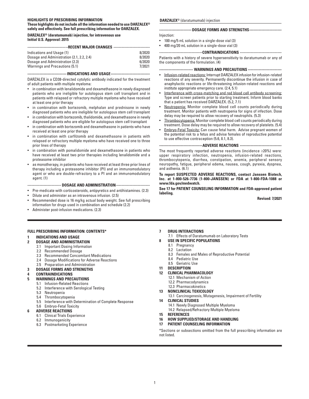 DARZALEX® (Daratumumab) Injection 1 HIGHLIGHTS of PRESCRIBING