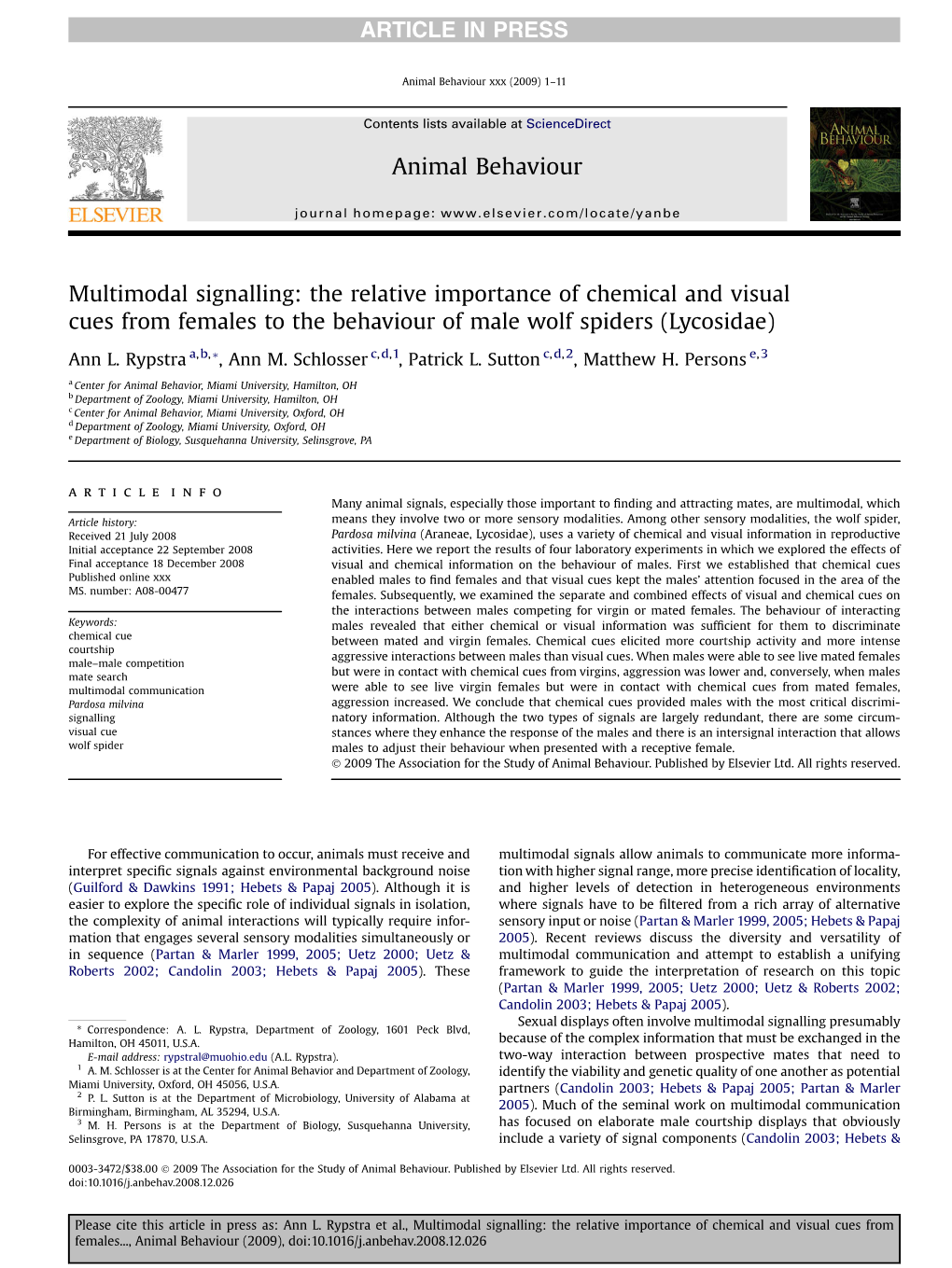 The Relative Importance of Chemical and Visual Cues from Females to the Behaviour of Male Wolf Spiders (Lycosidae)