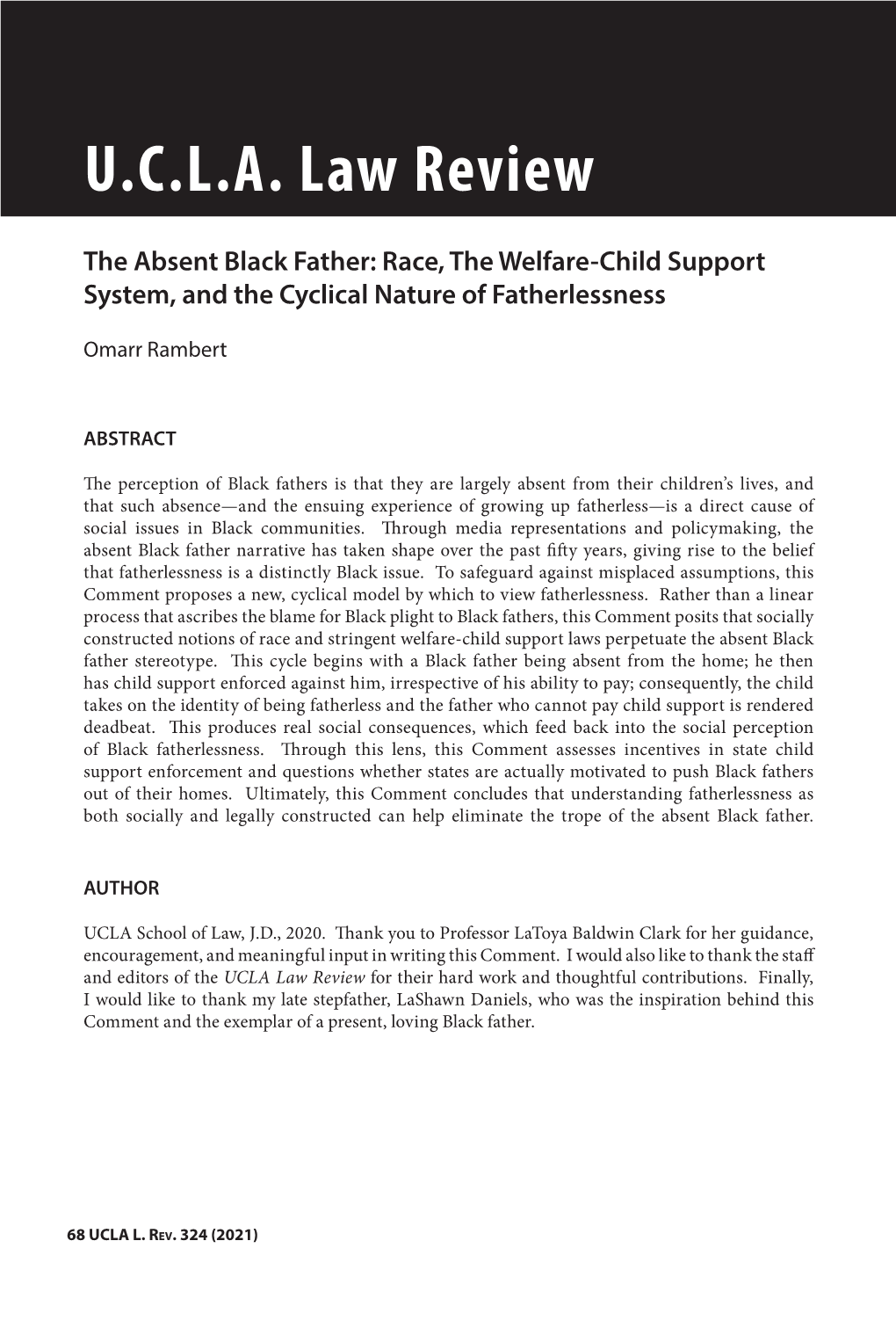 UCLA Law Review the Absent Black Father: Race, the Welfare