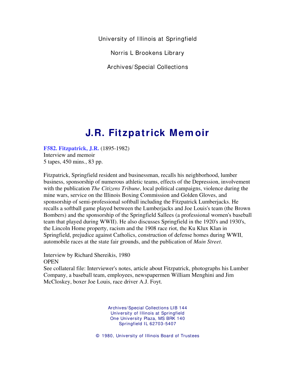 J.R. Fitzpatrick Memoir