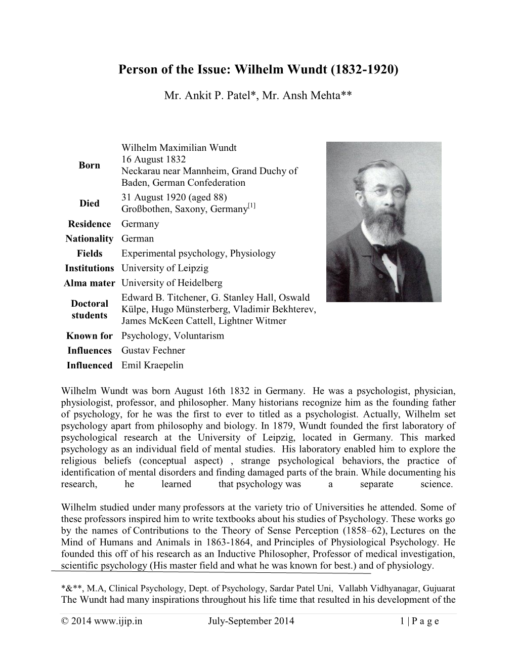 Person of the Issue: Wilhelm Wundt (1832-1920)