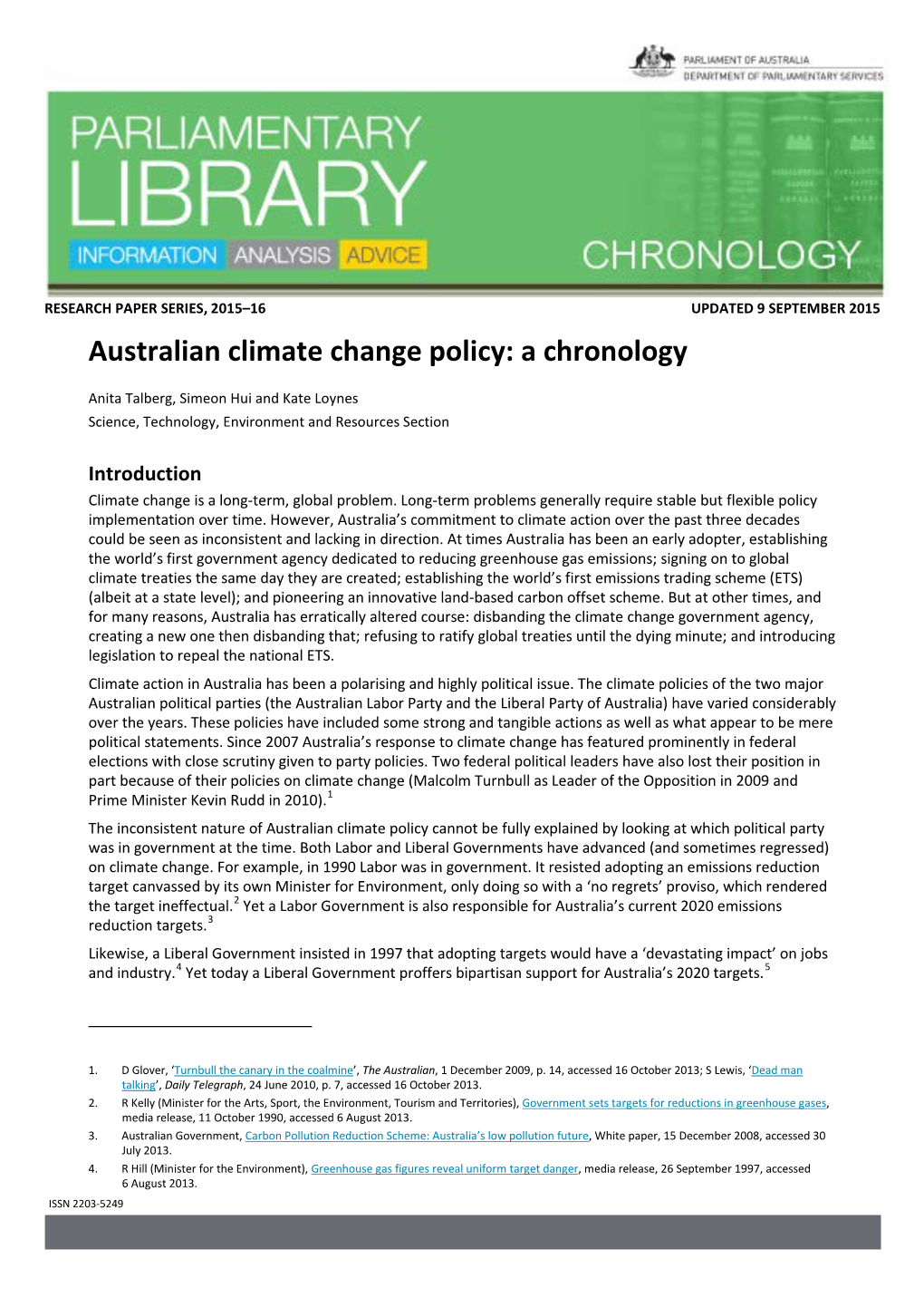 Australian Climate Change Policy: a Chronology