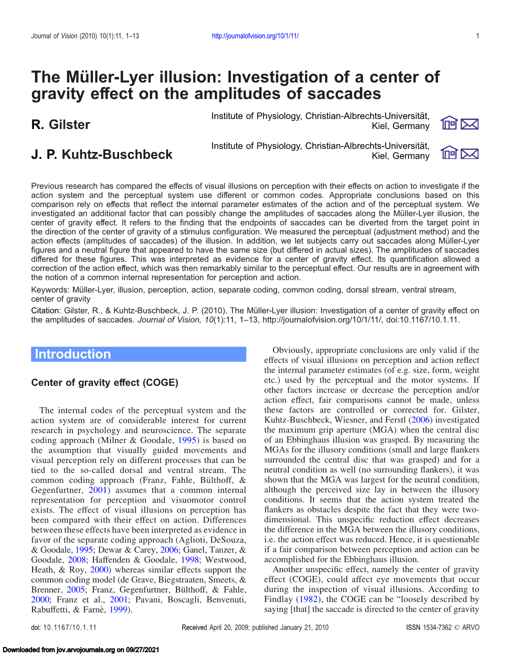 The Müller-Lyer Illusion: Investigation of a Center of Gravity Effect on the Amplitudes of Saccades
