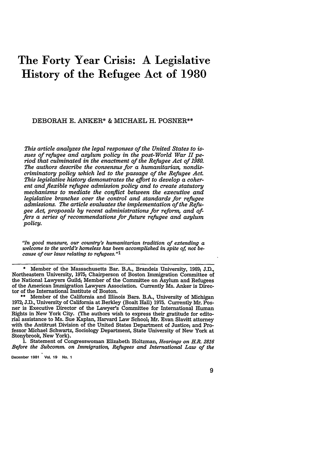 The Forty Year Crisis: a Legislative History of the Refugee Act of 1980