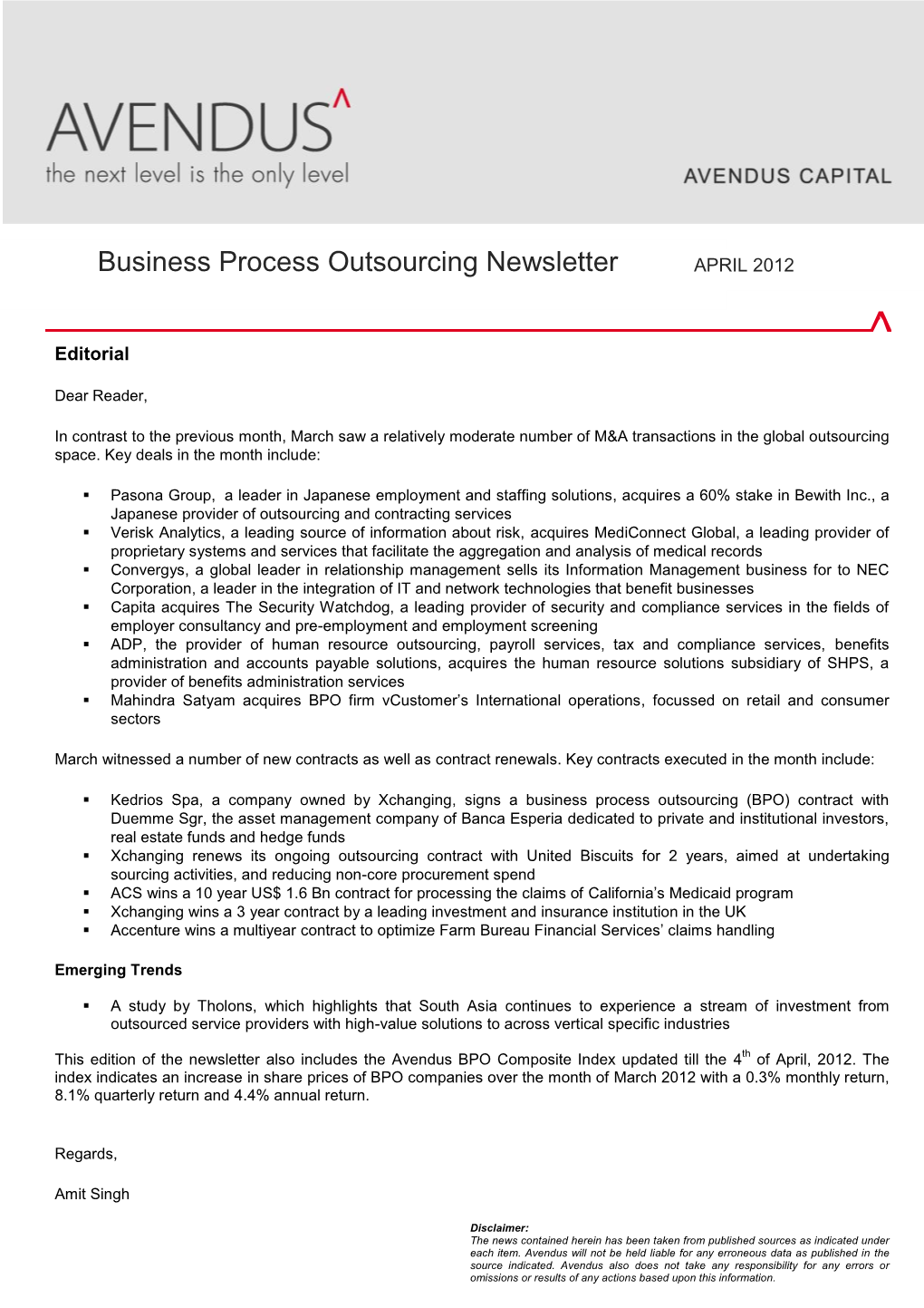 Business Process Outsourcing Newsletter APRIL 2012