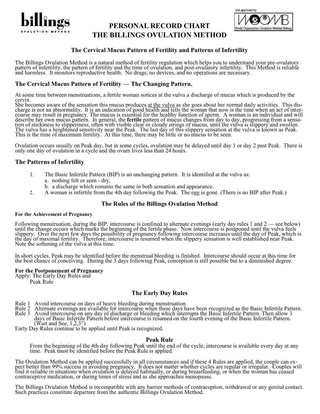 Personal Record Chart the Billings Ovulation Method