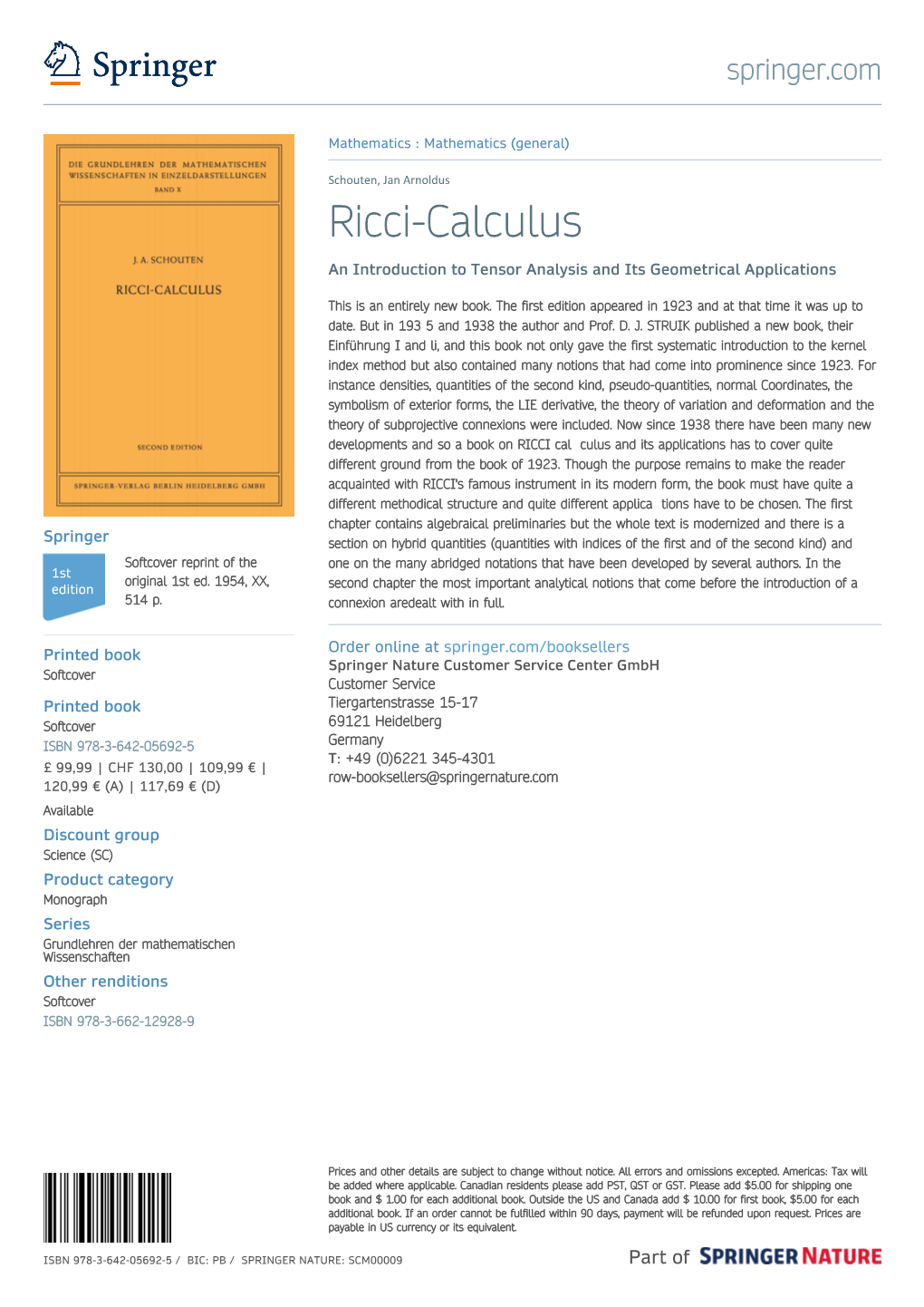 Ricci-Calculus an Introduction to Tensor Analysis and Its Geometrical Applications