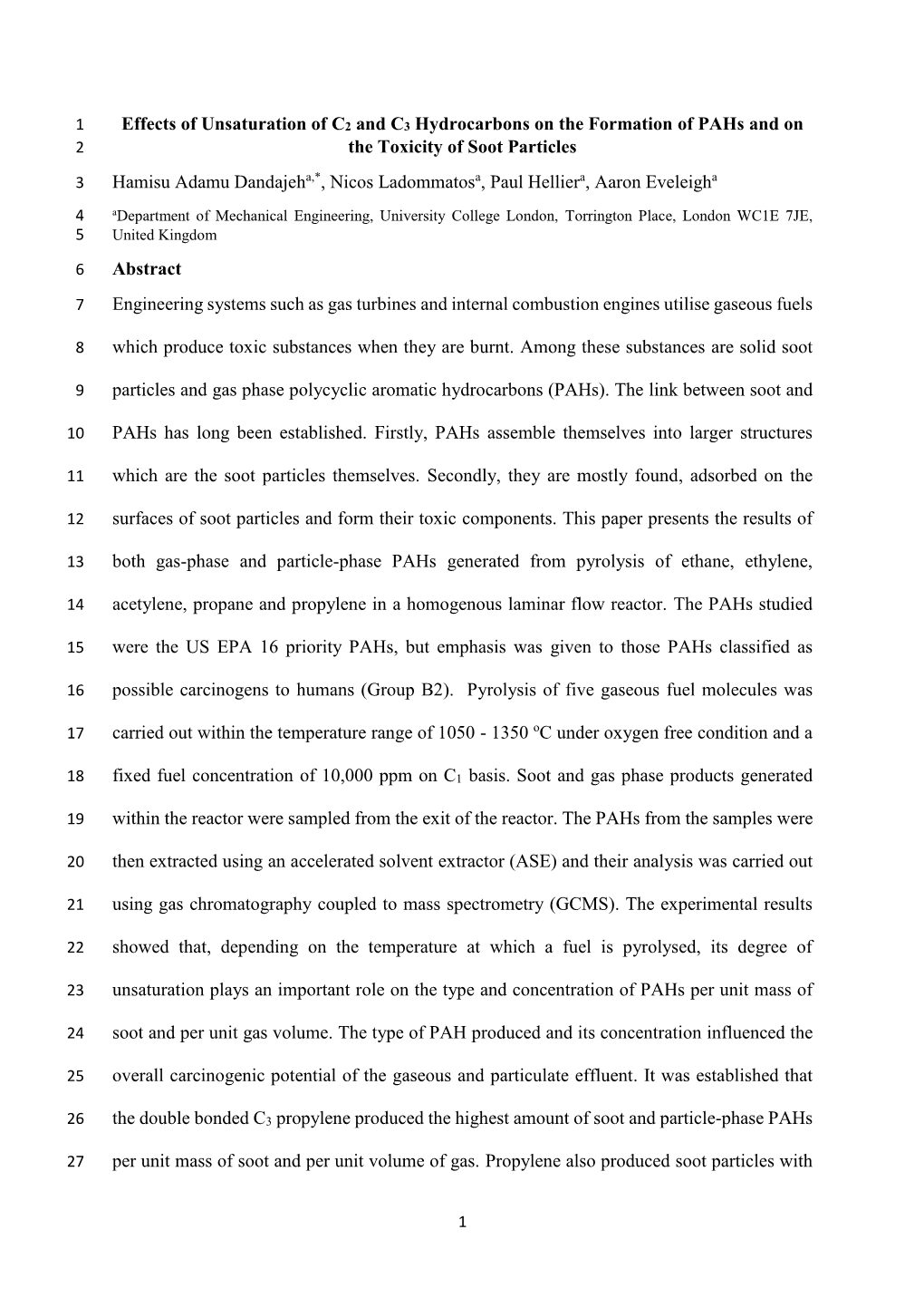 Effects of Unsaturation of C2 and C3 Hydrocarbons on the Formation of Pahs and on 2 the Toxicity of Soot Particles