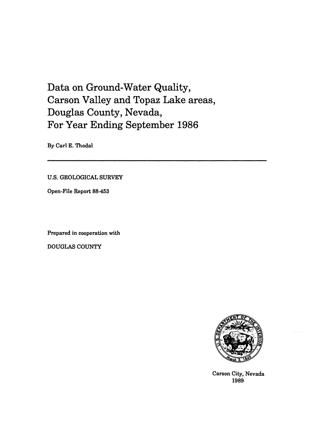 Data on Ground-Water Quality, Carson Valley and Topaz Lake Areas, Douglas County, Nevada, for Year Ending September 1986