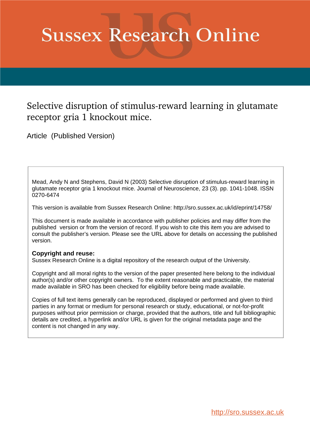 Selective Disruption of Stimulusreward Learning in Glutamate Receptor Gria