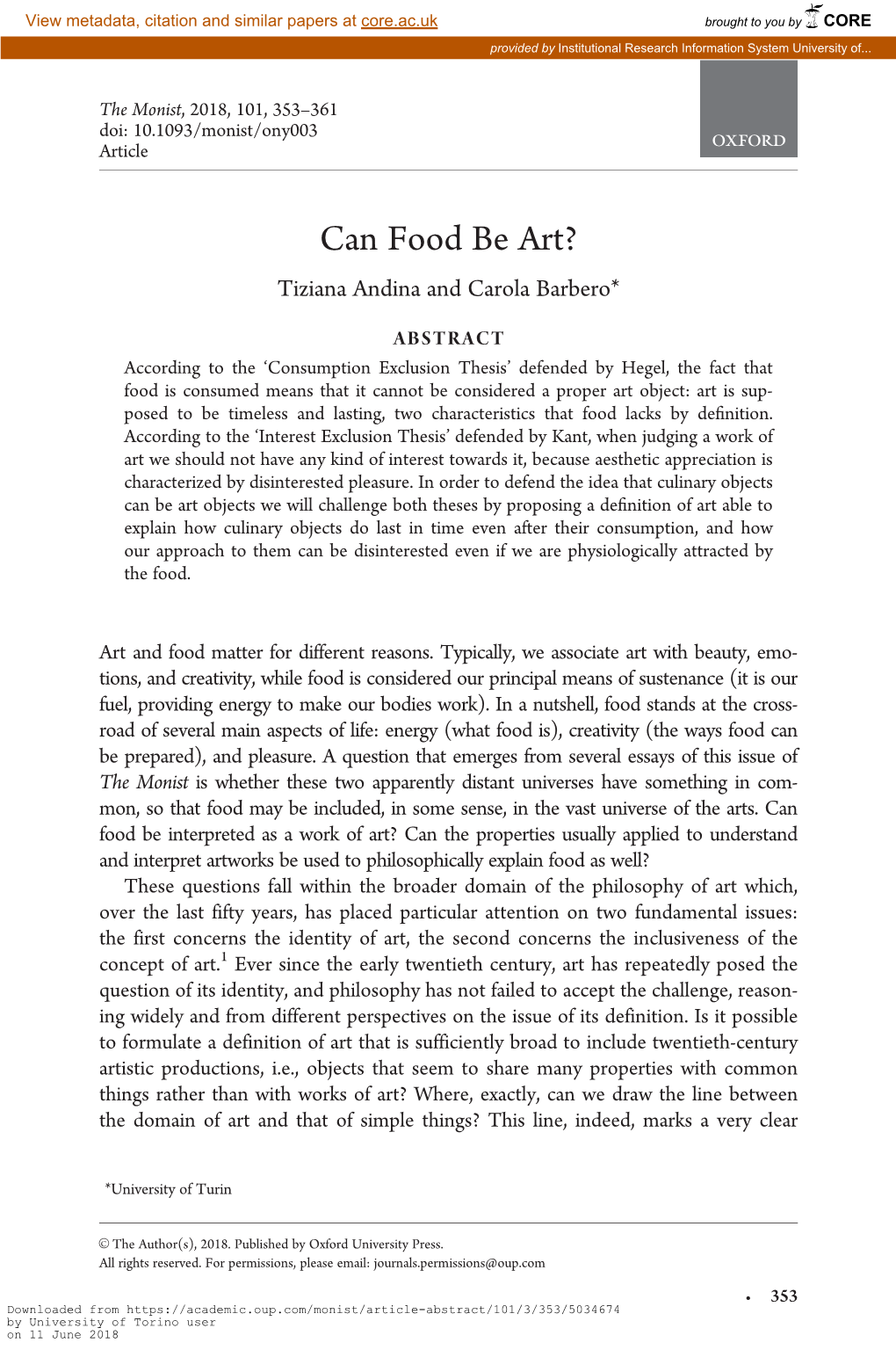 Can Food Be Art? Tiziana Andina and Carola Barbero*