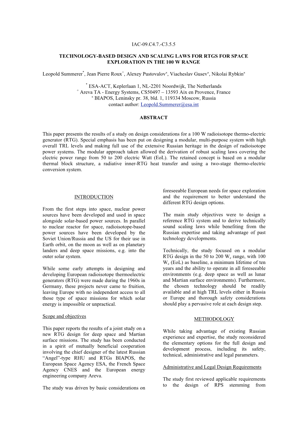 RPR-NPS-0909 Technology-Based Scaling Laws for Rtgs for Space