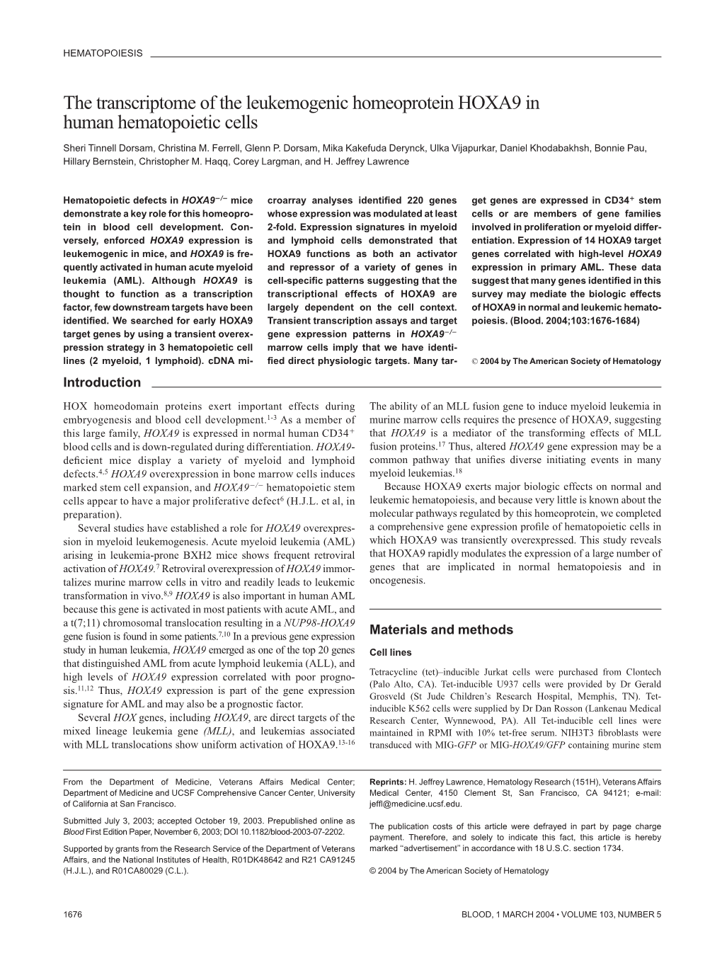 The Transcriptome of the Leukemogenic Homeoprotein HOXA9 in Human Hematopoietic Cells