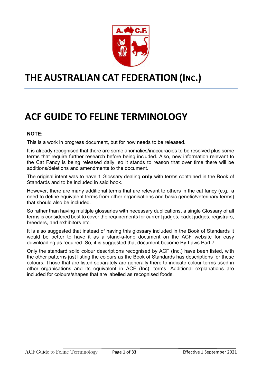 Acf Guide to Feline Terminology