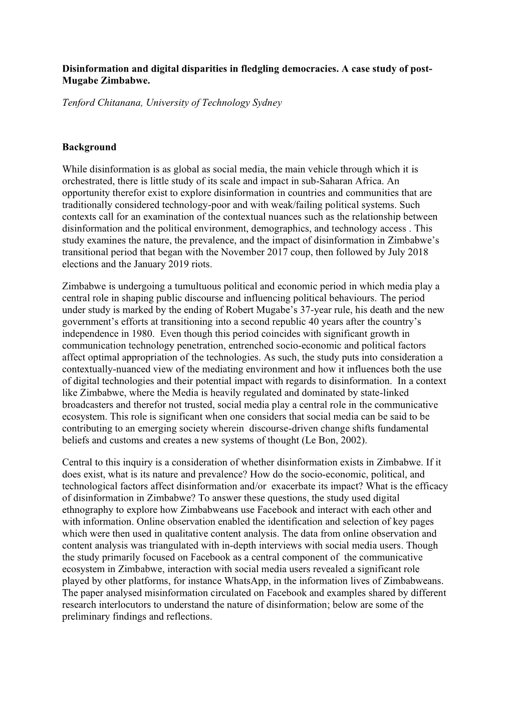 Disinformation and Digital Disparities in Fledgling Democracies. a Case Study of Post- Mugabe Zimbabwe