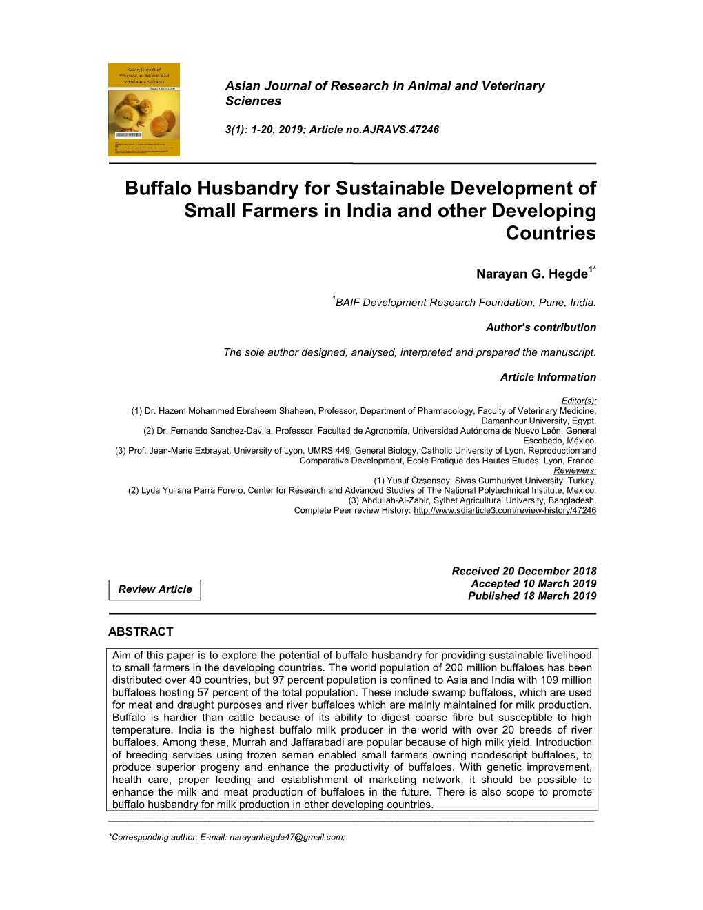 Buffalo Husbandry for Sustainable Development of Small Farmers in India and Other Developing Countries