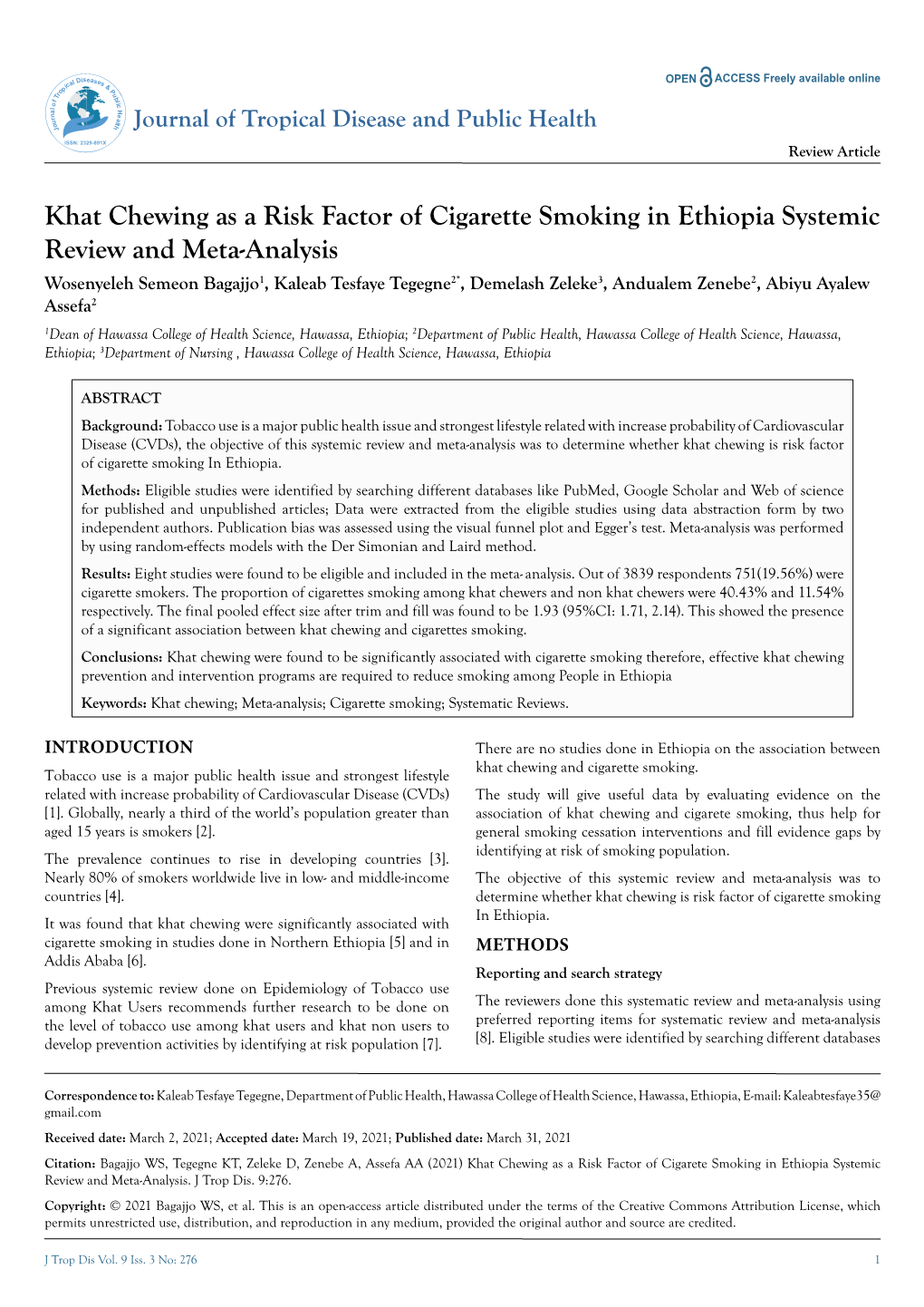 Khat Chewing As a Risk Factor of Cigarette Smoking in Ethiopia Systemic Review and Meta-Analysis