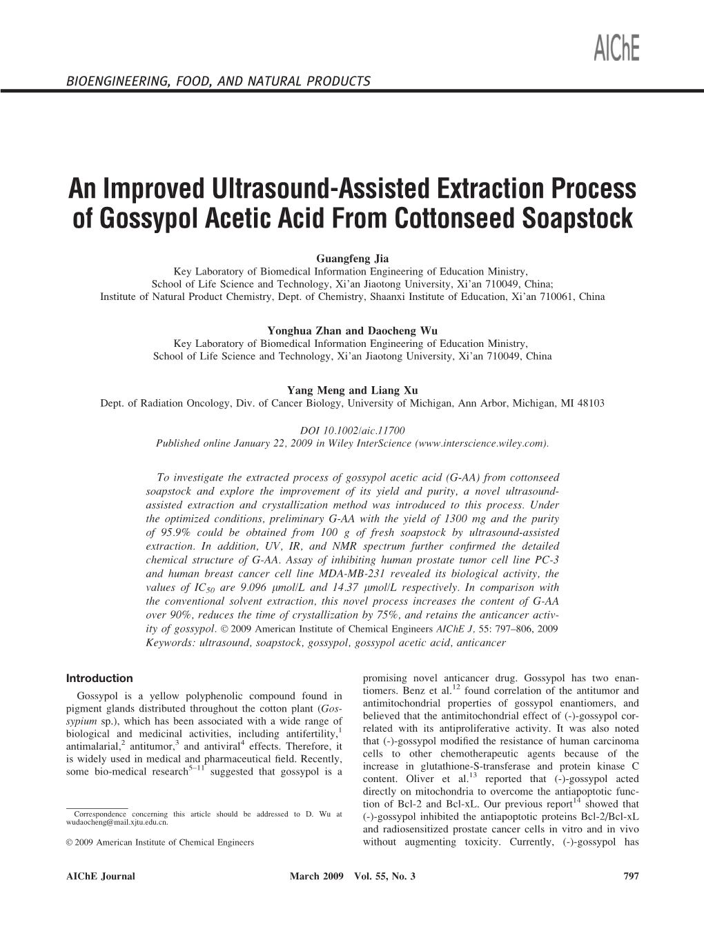 An Improved Ultrasound-Assisted Extraction Process of Gossypol Acetic Acid from Cottonseed Soapstock