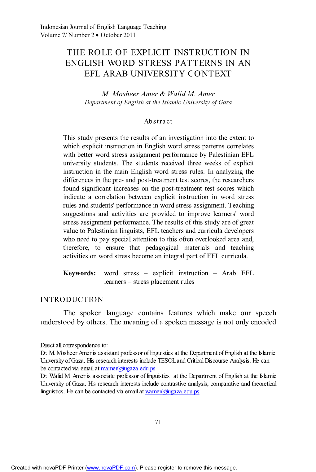 The Role of Explicit Instruction in English Word Stress Patterns in an Efl Arab University Context