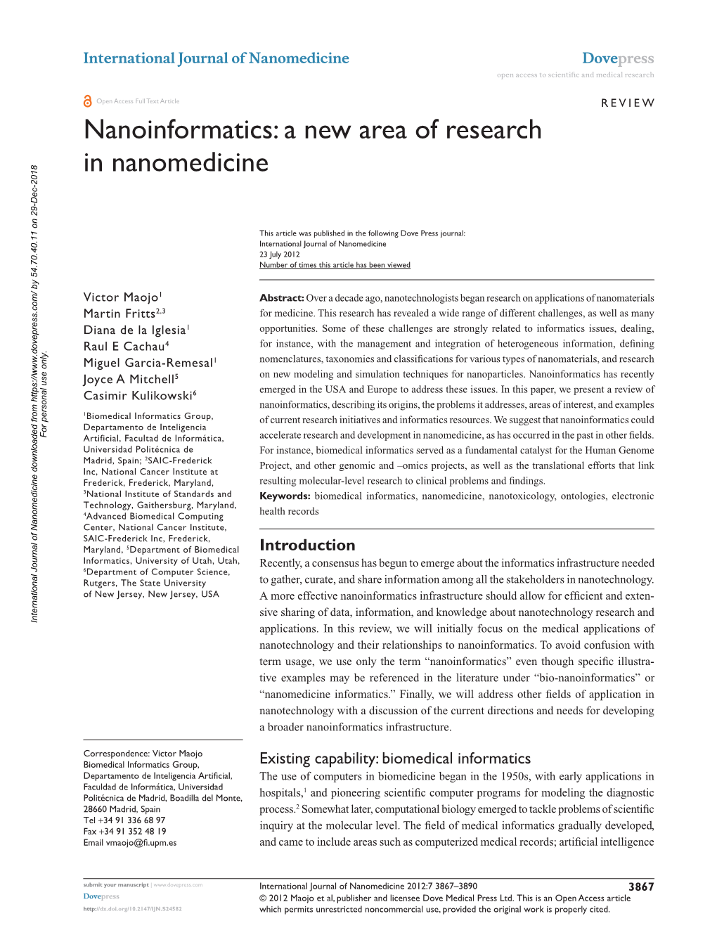 Nanoinformatics: a New Area of Research in Nanomedicine