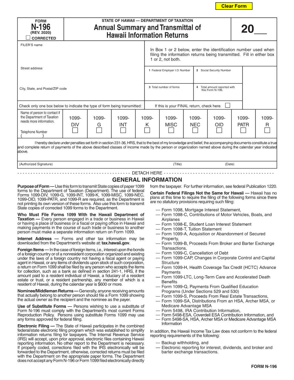 Form N-196, Rev. 2020, Annual Summary and Transmittal of Hawaii