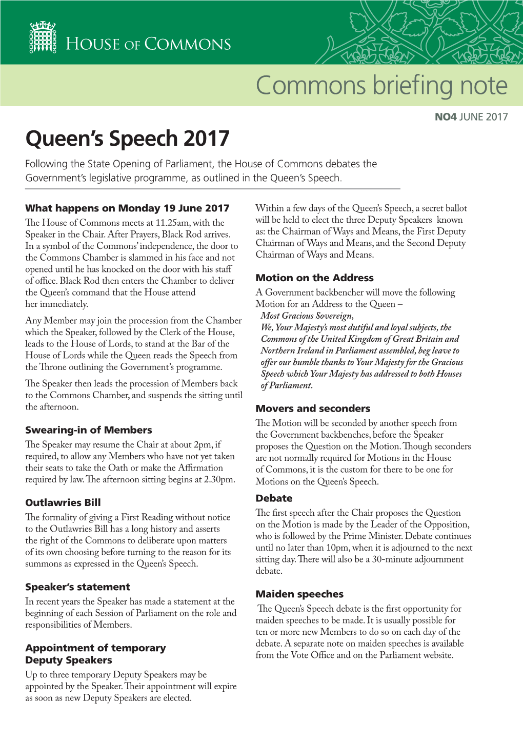 Commons Briefing Note 4: Queen's Speech