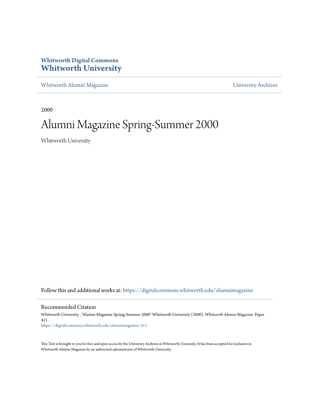 Alumni Magazine Spring-Summer 2000 Whitworth University