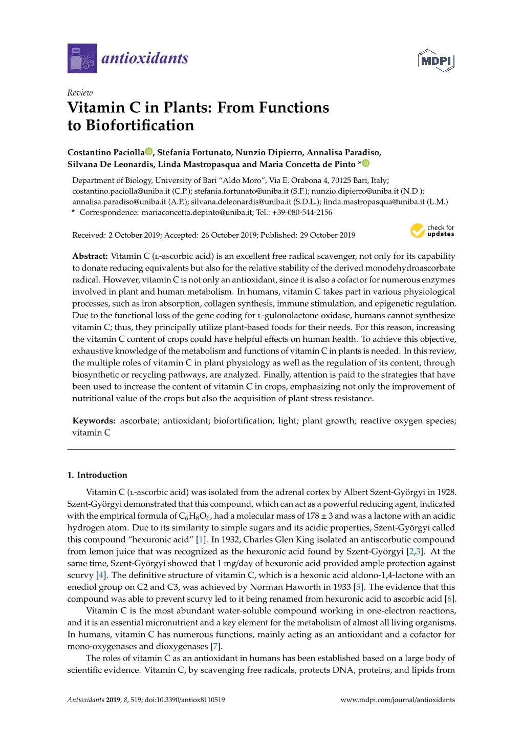 Vitamin C in Plants: from Functions to Biofortification