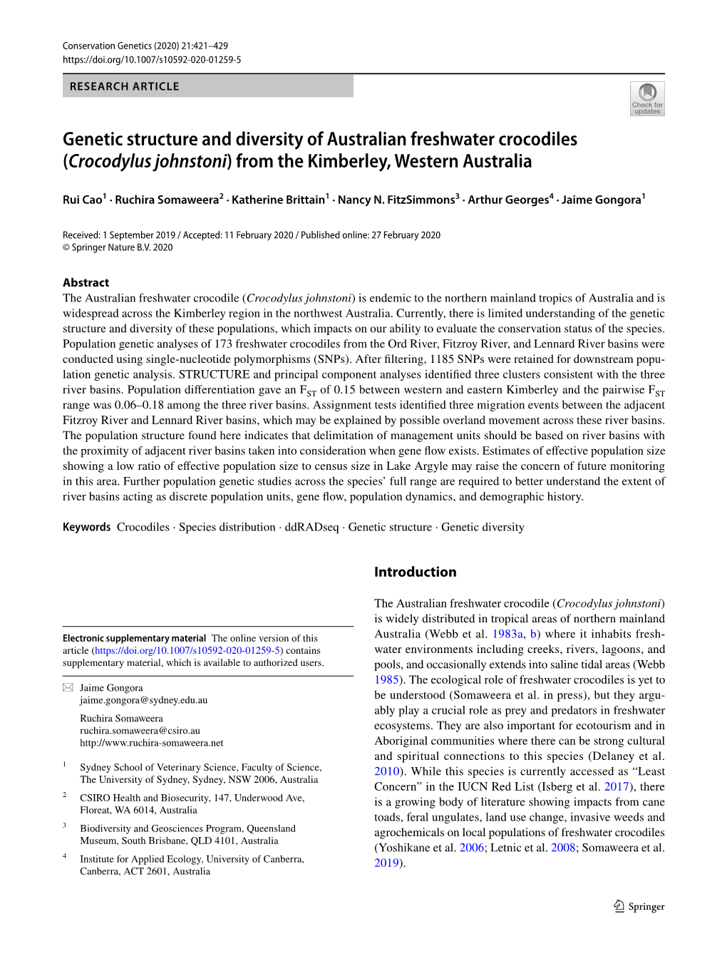 Genetic Structure and Diversity of Australian Freshwater Crocodiles (Crocodylus Johnstoni) from the Kimberley, Western Australia