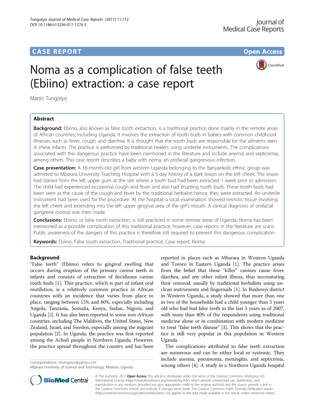 Noma As a Complication of False Teeth (Ebiino) Extraction: a Case Report Martin Tungotyo