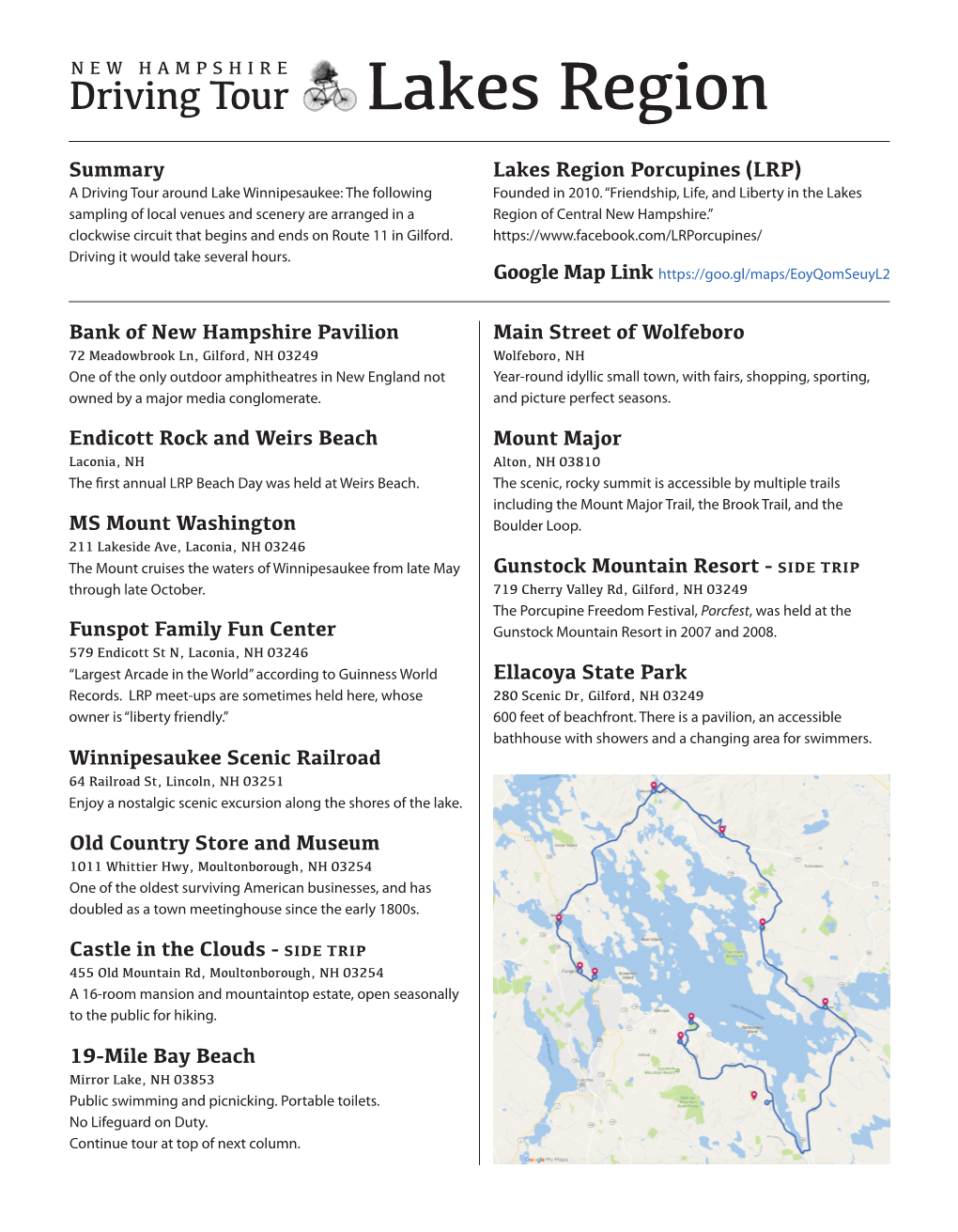 Printable Driving Tour of the NH Lakes Region