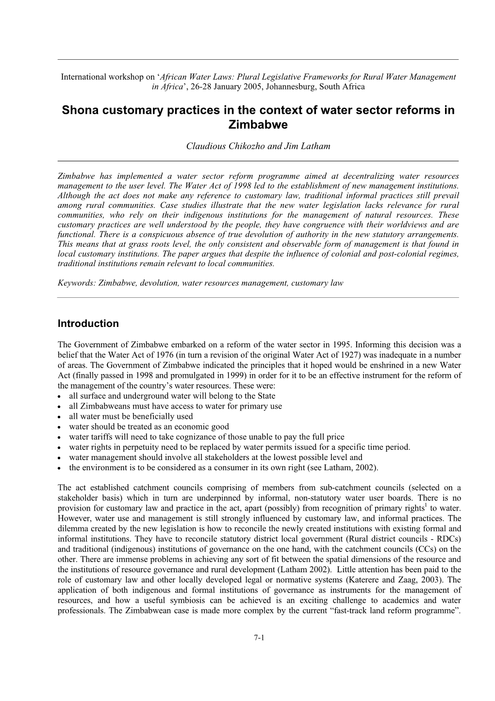 Shona Customary Practices in the Context of Water Sector Reforms in Zimbabwe